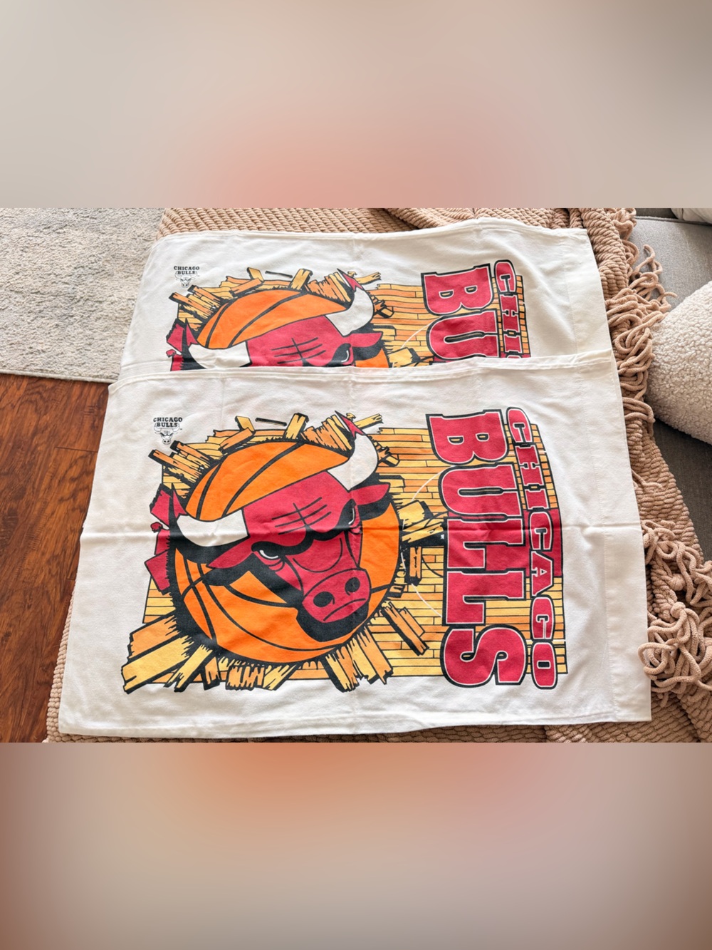 Vintage Chicago Bulls Pillow Cases Pair NBA Basketball Bedding Red White
